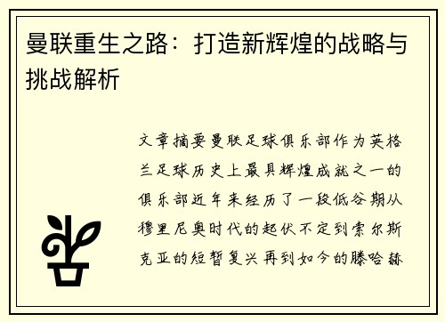 曼联重生之路：打造新辉煌的战略与挑战解析