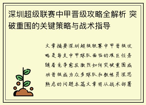 深圳超级联赛中甲晋级攻略全解析 突破重围的关键策略与战术指导