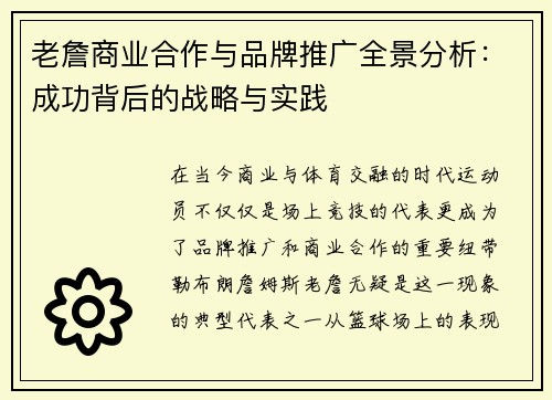 老詹商业合作与品牌推广全景分析：成功背后的战略与实践