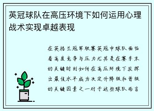 英冠球队在高压环境下如何运用心理战术实现卓越表现