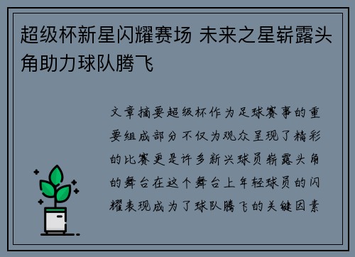 超级杯新星闪耀赛场 未来之星崭露头角助力球队腾飞