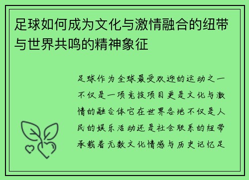 足球如何成为文化与激情融合的纽带与世界共鸣的精神象征